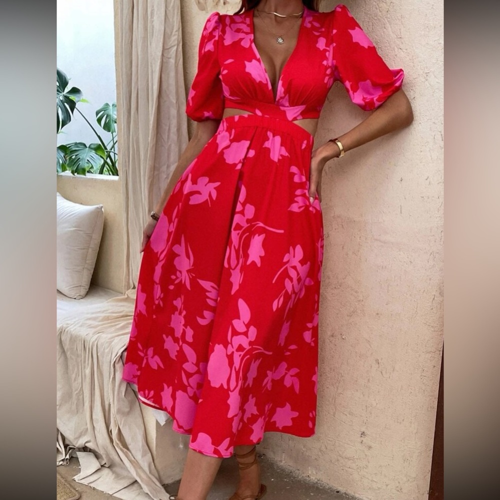 Boho red pink floral print cutout maxi dress - Picture 6 of 6